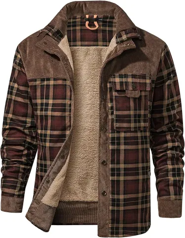  Mens Outdoor Casual Plaid Flannel Shirt Jacket